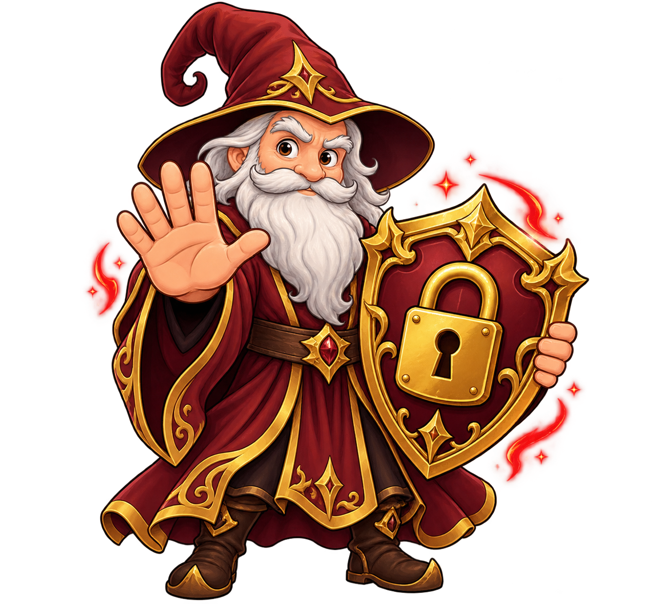 Mago do Arena Baiak com um escudo e cadeado